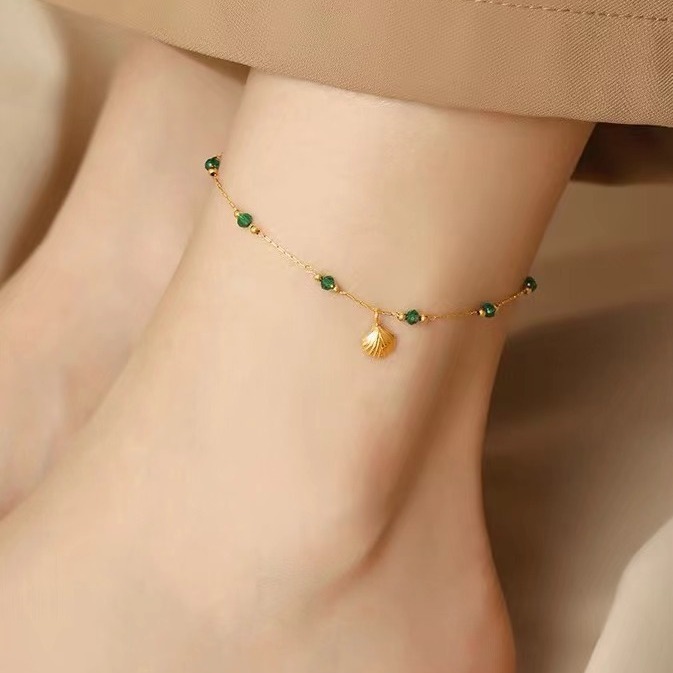 Delicate Gold Shell Anklet with Green Crystal Beads